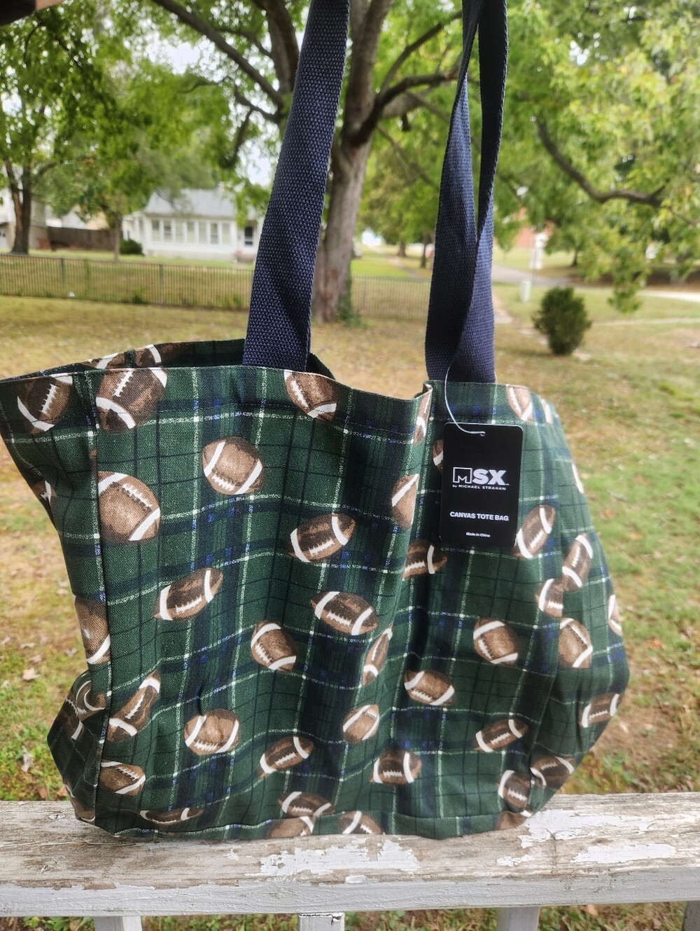 Football Print Green Plaid Canvas Tote Bag NWT